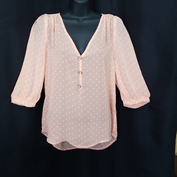 Moonlight Tops - Peach Chiffon Blouse with White Polka Dots